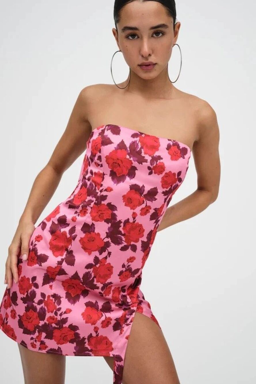 For Love & Lemons Huda Satin Floral Mini Dress Pink Puff Sleeve Gloves Size S